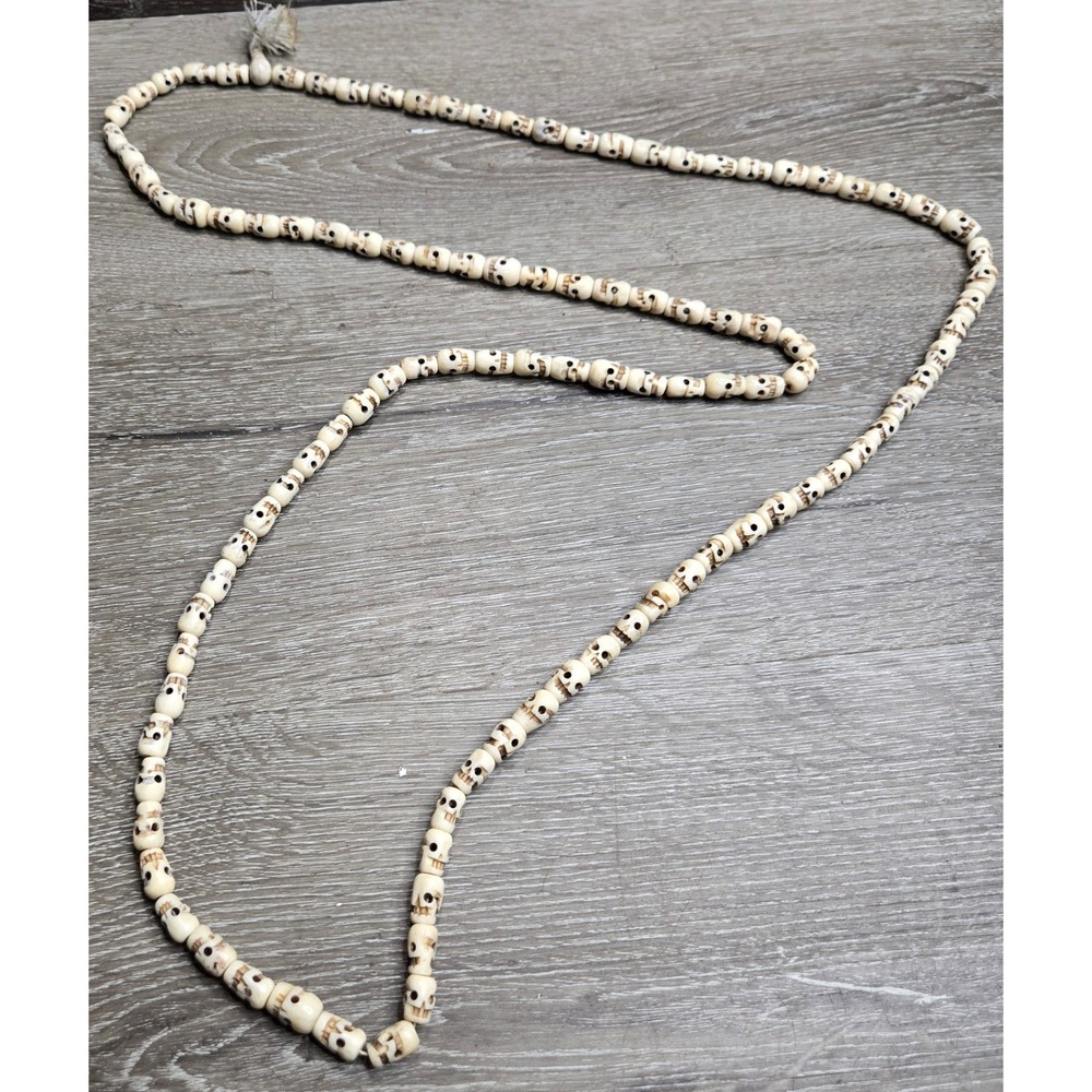 Vintage Carved Skull Bead Mala Prayer Necklace Strand Bone White Tribal Gothic